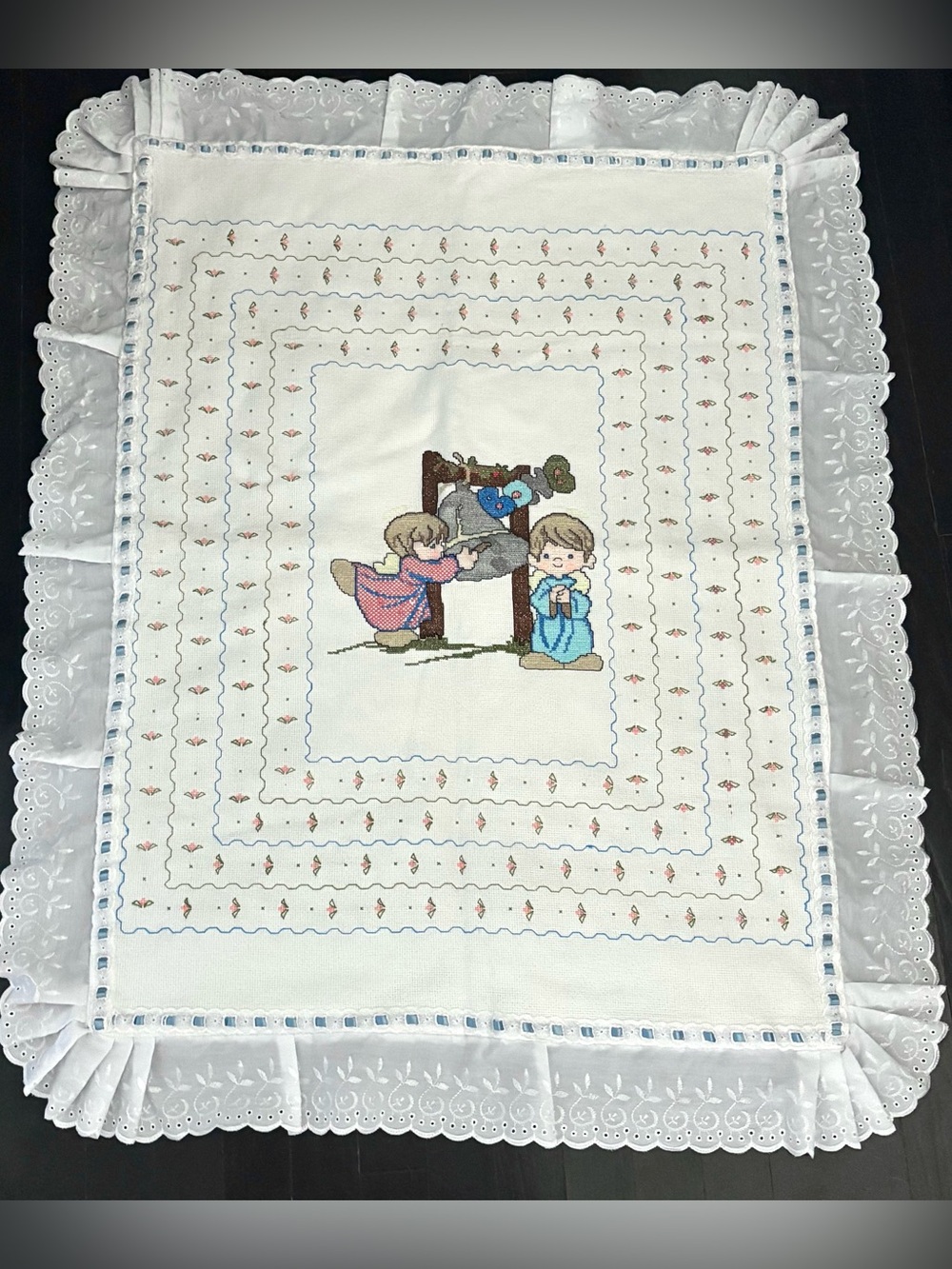 Vintage Precious Moments Handmade Cross-stitched Baby Blanket Crib Quilt Accents